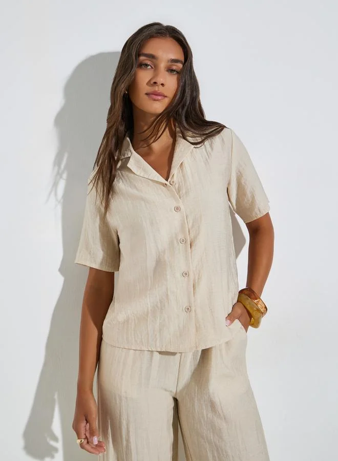 Styli Beige Linen-Look Shirt and Wide Leg Pants Co-Ords