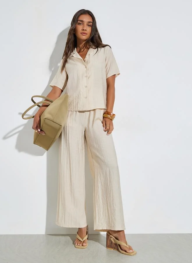 Styli Beige Linen-Look Shirt and Wide Leg Pants Co-Ords