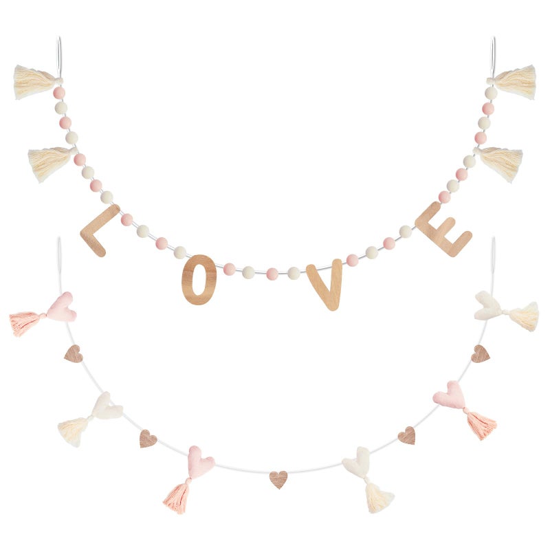 DN DECONATION 50 Inch Valentine Garland with Wood Love Letters, Pink White Pom Pom & Tassel Hearts Banner for Wedding Party Background Decor, Romantic Home Decoration - Image 1