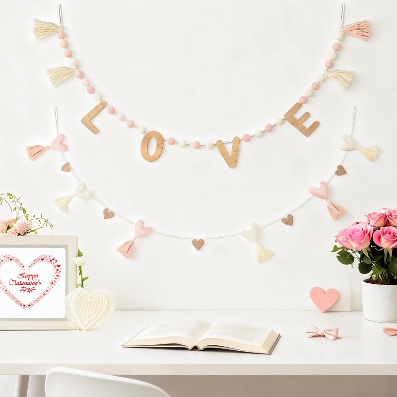 DN DECONATION 50 Inch Valentine Garland with Wood Love Letters, Pink White Pom Pom & Tassel Hearts Banner for Wedding Party Background Decor, Romantic Home Decoration - Image 3