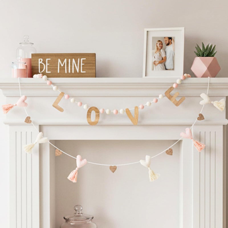 DN DECONATION 50 Inch Valentine Garland with Wood Love Letters, Pink White Pom Pom & Tassel Hearts Banner for Wedding Party Background Decor, Romantic Home Decoration - Image 2