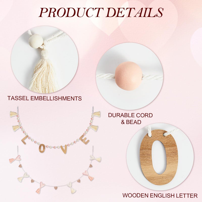 DN DECONATION 50 Inch Valentine Garland with Wood Love Letters, Pink White Pom Pom & Tassel Hearts Banner for Wedding Party Background Decor, Romantic Home Decoration - Image 5