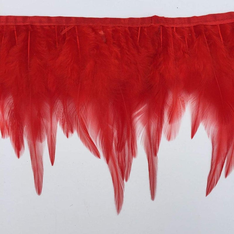 Shekyeon 2yards Rooster Hackle Feather Trim Fringe for DIY Clothing Craft Dress Decoration(red) - Image 2