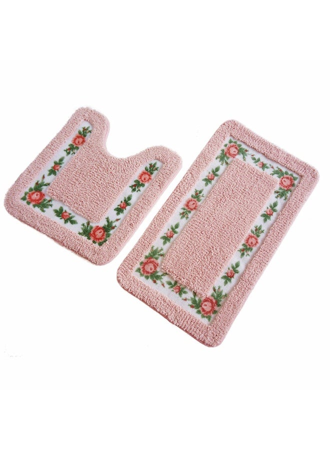 UKELER سجاد الحمام الزهري من UKELER غير قابل للانزلاق، مجموعة من 2 سجادة ناعمة غير قابلة للانزلاق وسجادة على شكل U للمرحاض - Image 1