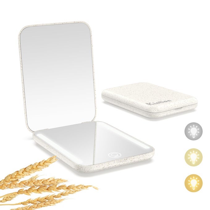 RECHARGEABLE POCKET MIRROR WHEAT STRAW MATERIAL 1X3X MAGNIFICATION PORTABLE COMPACT MIRROR HANDHELD TRAVEL MIRROR SMALL PURSE MIRRORS FOR WOMEN APRICOT