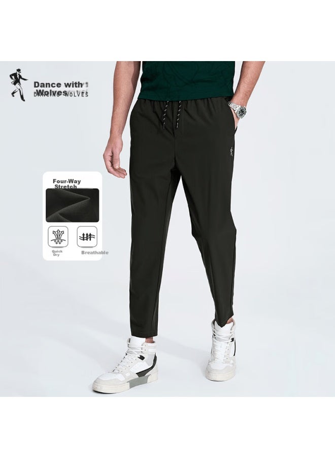 Dancing Wolves Quick-dry Spring Summer Elastic Waist Casual Nine-point Pants Commuter Men's Casual Pants 203 Army Green 54/xl - Image 1