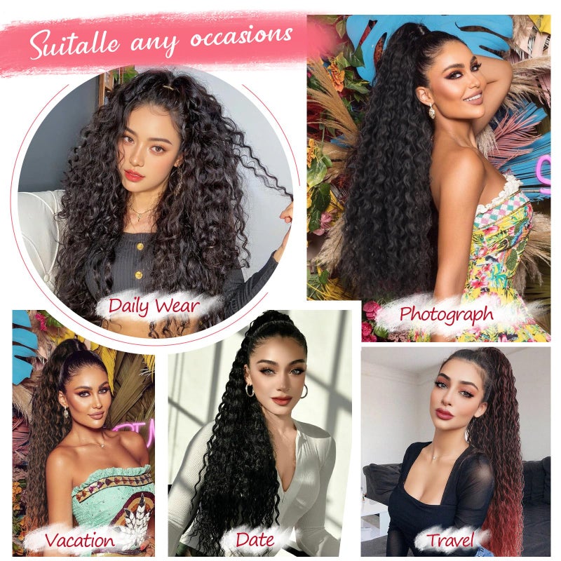 Meepo 24 Inch Curly Ponytail Extensions Synthetic Deep Wave Drawstring Ponytail For Black Women Human Hair Feeling With Clip In Thick Ponytail Hair Natural Black Hairpiece(1b#,160g) (24inch, 1b#) - Image 5