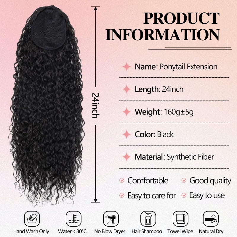 Meepo 24 Inch Curly Ponytail Extensions Synthetic Deep Wave Drawstring Ponytail For Black Women Human Hair Feeling With Clip In Thick Ponytail Hair Natural Black Hairpiece(1b#,160g) (24inch, 1b#) - Image 2