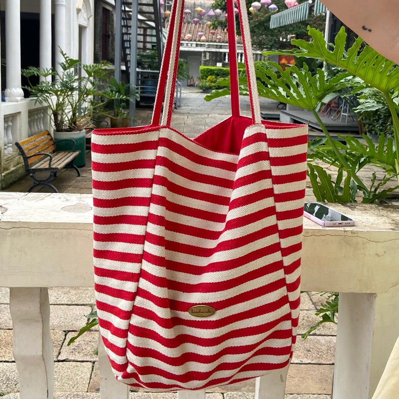 Double-Sided Striped Canvas Tote Bag for Women - Image 4