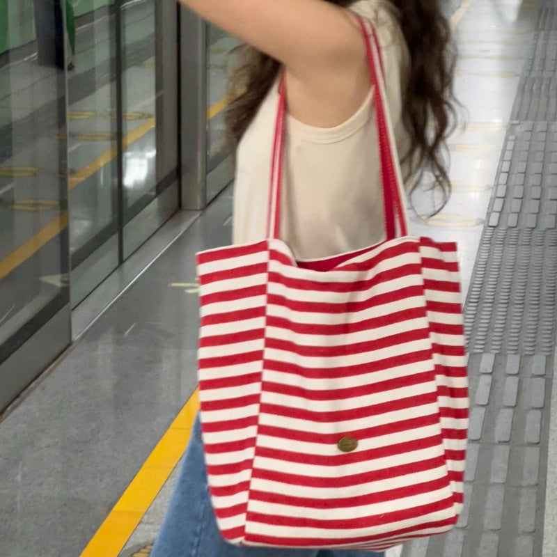 Double-Sided Striped Canvas Tote Bag for Women - Image 2
