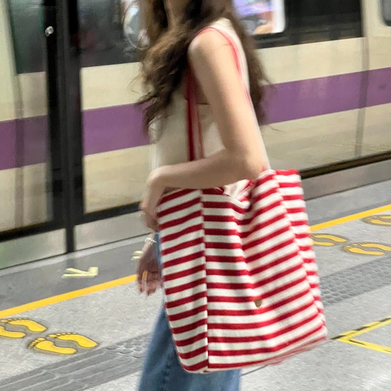 Double-Sided Striped Canvas Tote Bag for Women - Image 1