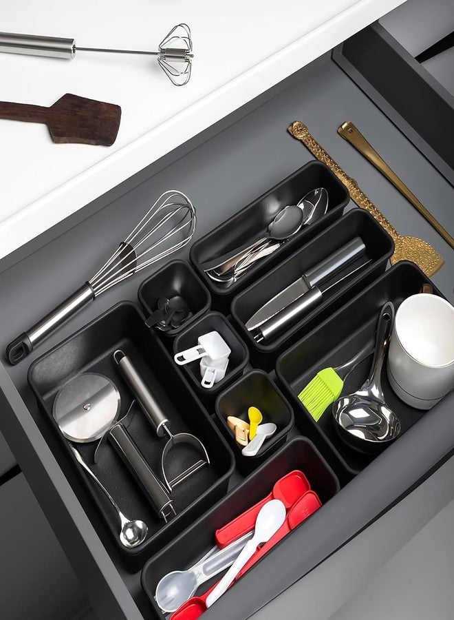 AMAZOPY 8 PCS Drawer Organizer Tray Set, Plastic Storage Boxes for Kitchen, Office, Makeup & Jewelry, Multipurpose Drawer Divider Set (Black) - Image 3