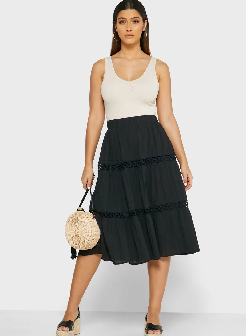 ELLA Embroidered Insert Tiered Midi Skirt