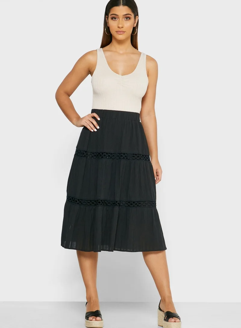 ELLA Embroidered Insert Tiered Midi Skirt