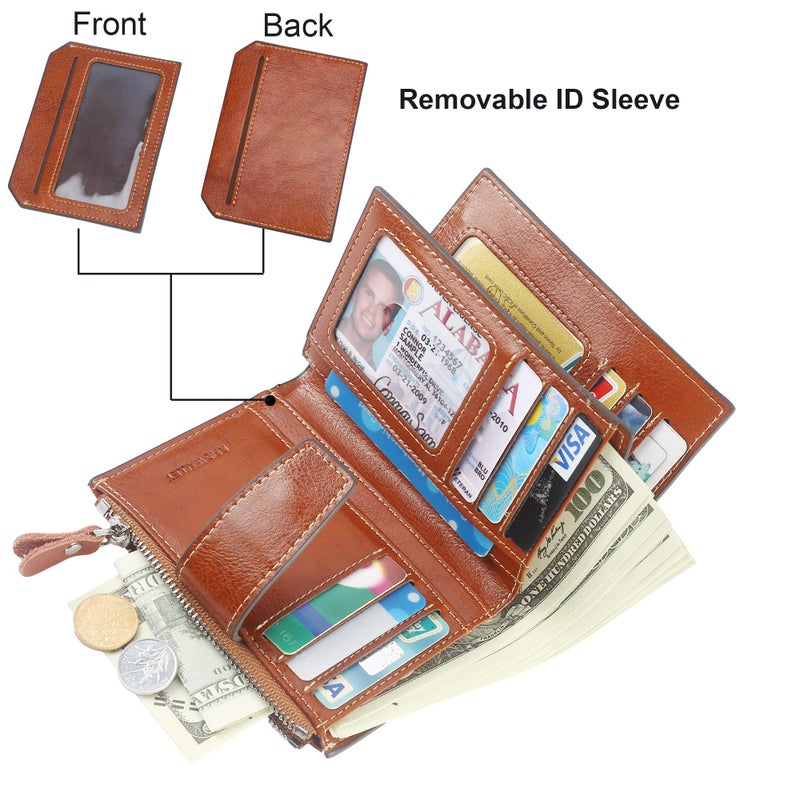 Lavemi Small Compact Women Wallet RFID Blocking Genuine Leather Bifold Purse with ID Windows(Brown) - Image 2