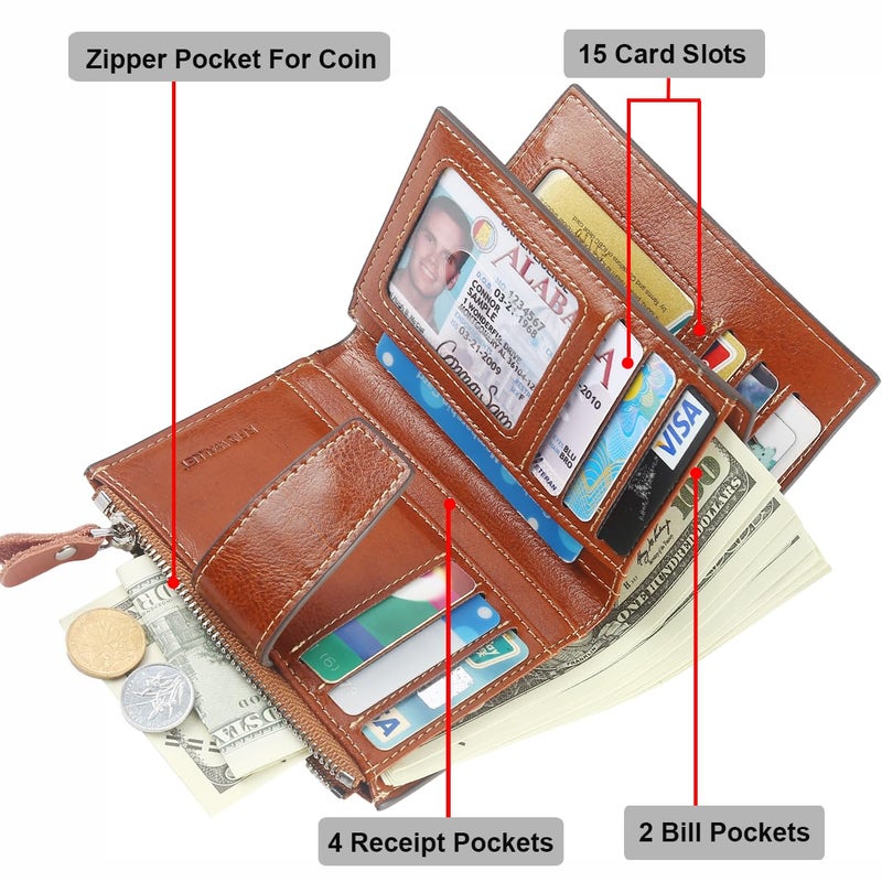 Lavemi Small Compact Women Wallet RFID Blocking Genuine Leather Bifold Purse with ID Windows(Brown) - Image 4