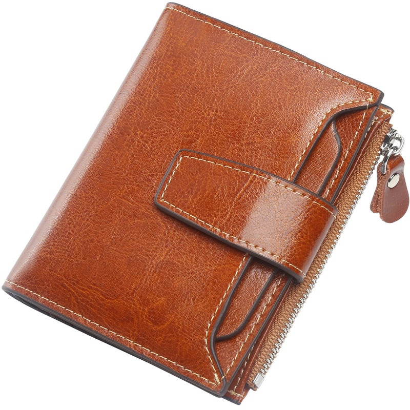 Lavemi Small Compact Women Wallet RFID Blocking Genuine Leather Bifold Purse with ID Windows(Brown) - Image 1