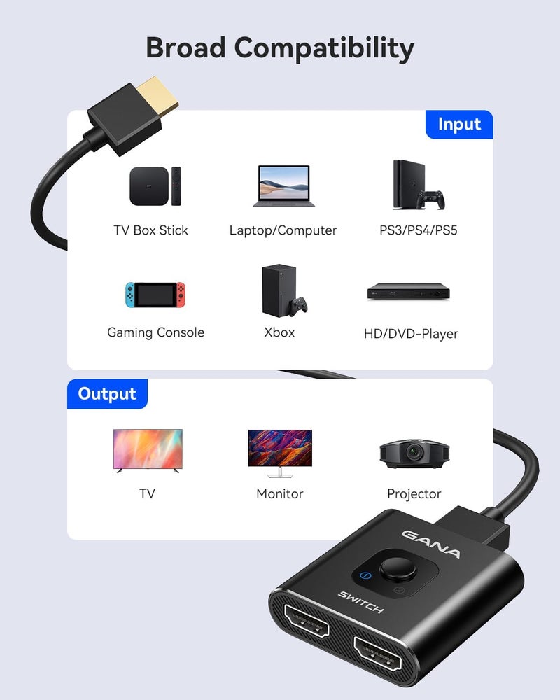 GANA Aluminum Bidirectional HDMI Switch 4K@60Hz Splitter with 3.9FT HDMI Cable, 2 in 1 Out, Compatible with Xbox, PS5/4/3, Fire Stick, Roku, Blu-Ray Player - Image 5
