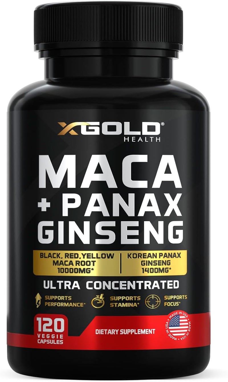 X Gold Health Maca Root Capsules 10000mg  Korean Panax Ginseng 1400mg  20x Concentrated Extract Black  Red  Yellow Maca Root 10x Concentrated Extract Panax Ginseng Capsules  Ultra Potent  Highly Purified - Image 1