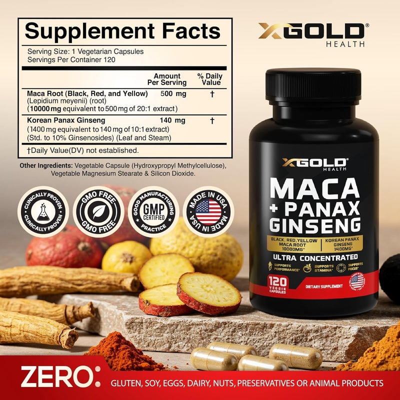X Gold Health Maca Root Capsules 10000mg  Korean Panax Ginseng 1400mg  20x Concentrated Extract Black  Red  Yellow Maca Root 10x Concentrated Extract Panax Ginseng Capsules  Ultra Potent  Highly Purified - Image 2