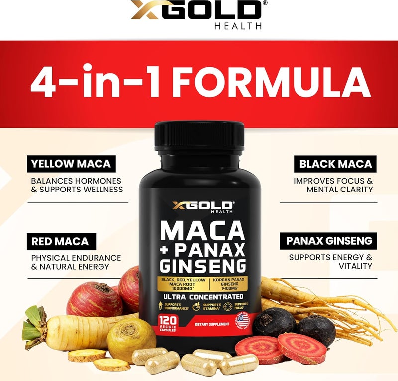 X Gold Health Maca Root Capsules 10000mg  Korean Panax Ginseng 1400mg  20x Concentrated Extract Black  Red  Yellow Maca Root 10x Concentrated Extract Panax Ginseng Capsules  Ultra Potent  Highly Purified - Image 3