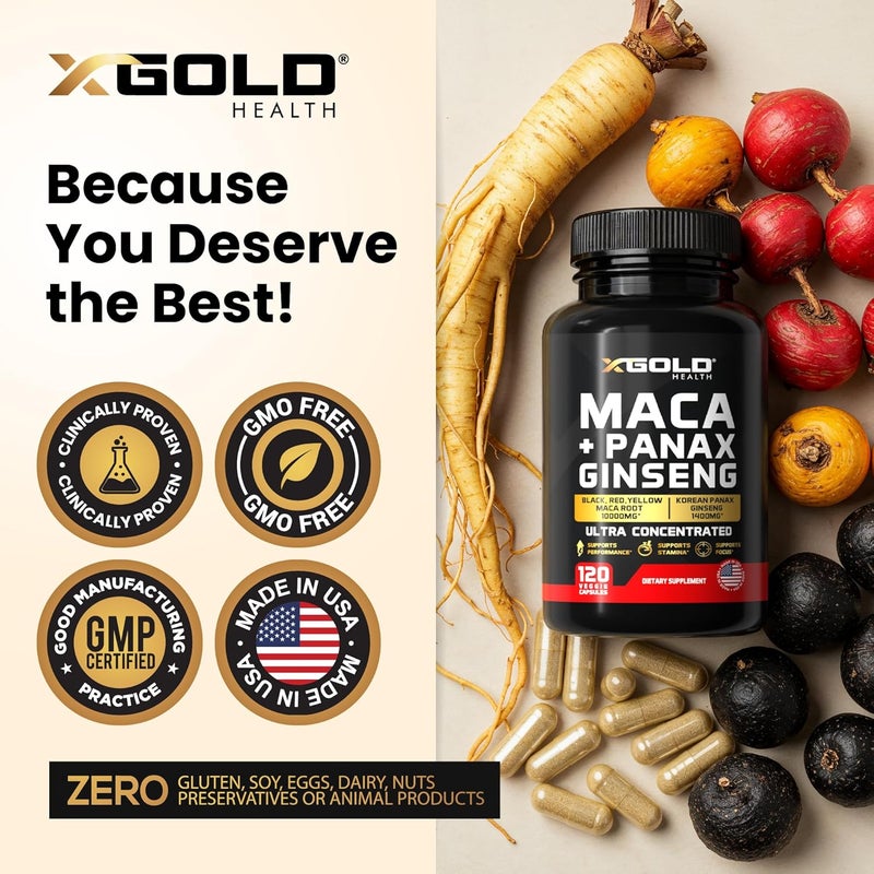 X Gold Health Maca Root Capsules 10000mg  Korean Panax Ginseng 1400mg  20x Concentrated Extract Black  Red  Yellow Maca Root 10x Concentrated Extract Panax Ginseng Capsules  Ultra Potent  Highly Purified - Image 5