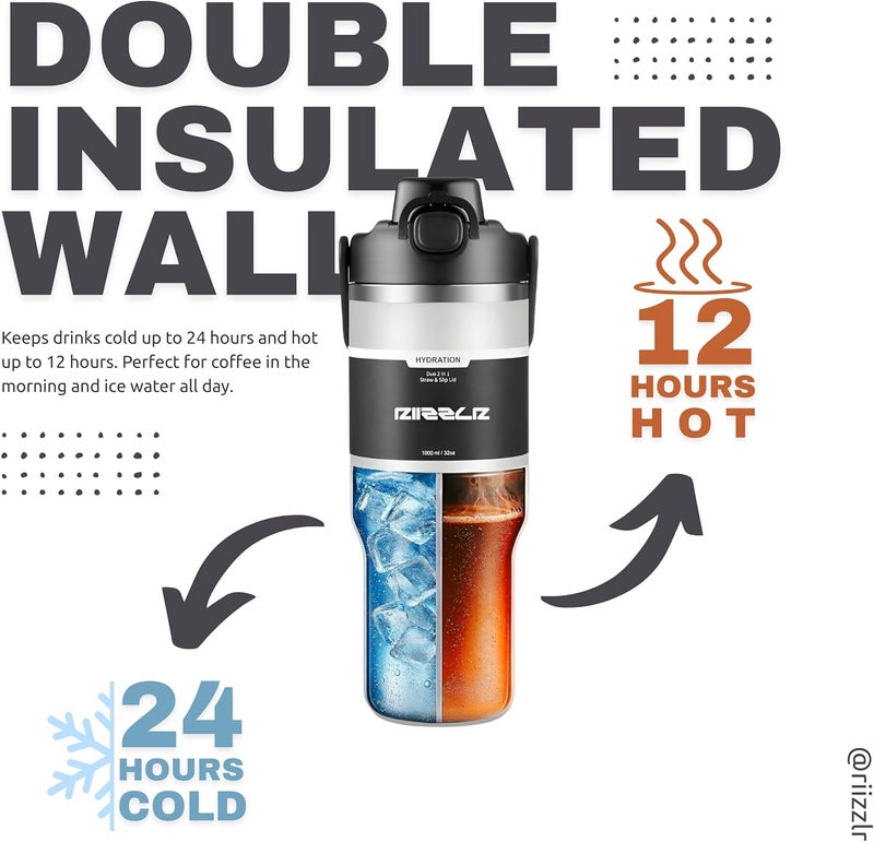 Riizzlr 1000ml Insulated Water Bottle Tumbler with 2-in-1 Straw & Sip Lid – Stainless Steel Vacuum Flask, Double Wall, BPA-Free, Leakproof, Wide Mouth, Keeps Drinks Hot 12H / Cold 24H (Charcoal Gray) - Image 5