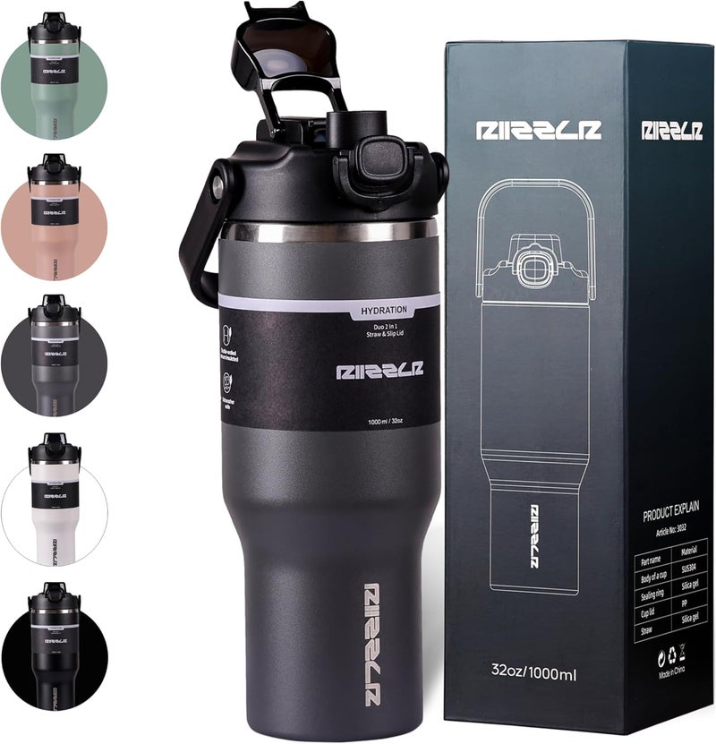 Riizzlr 1000ml Insulated Water Bottle Tumbler with 2-in-1 Straw & Sip Lid – Stainless Steel Vacuum Flask, Double Wall, BPA-Free, Leakproof, Wide Mouth, Keeps Drinks Hot 12H / Cold 24H (Charcoal Gray) - Image 1