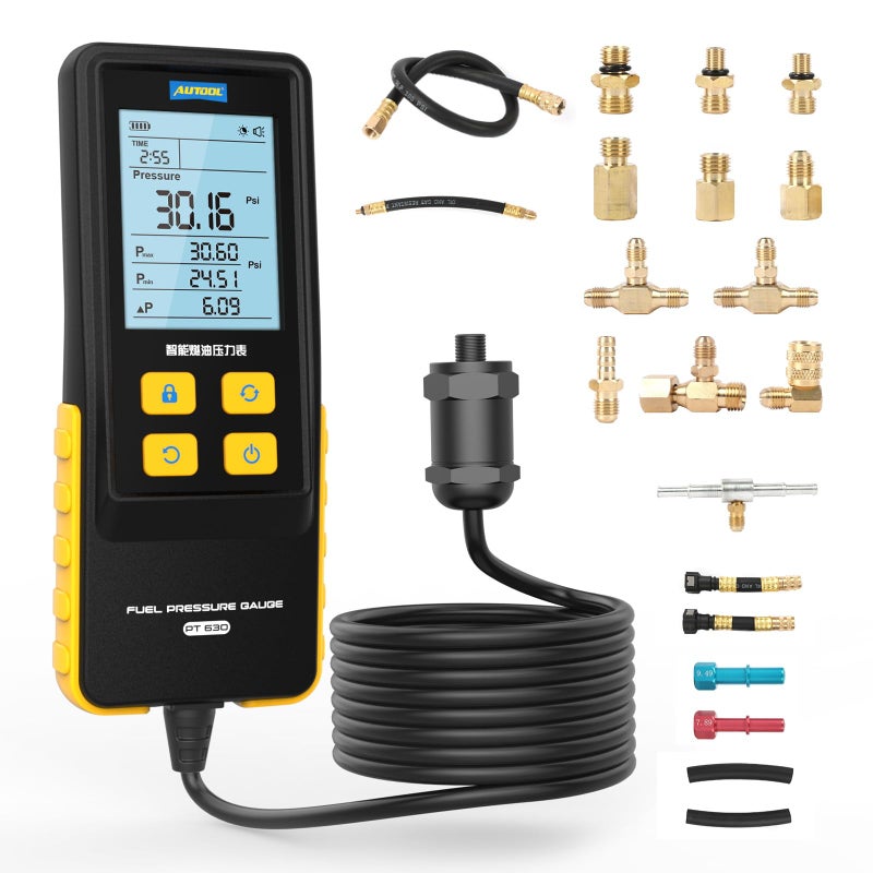AUTOOL Fuel Pressure Gauge Digital Fuel Pressure Tester Kit 0426PSI 029bar for Petrol Engine Fuel Pressure Test Automotive Fuel Pressure Tester with Hoses Adapters PT630
