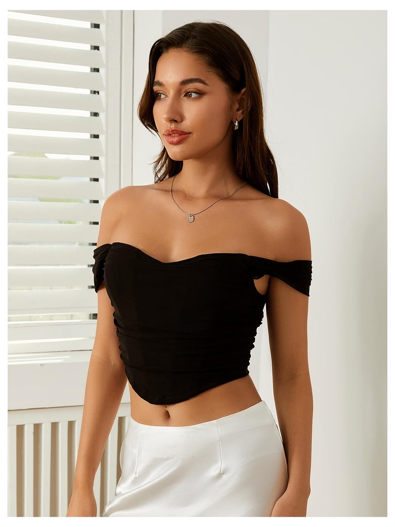 Floerns Women's Off Shoulder Short Sleeve Asymmetrical Hem Ruched Corset Crop Top Black Medium - Image 2