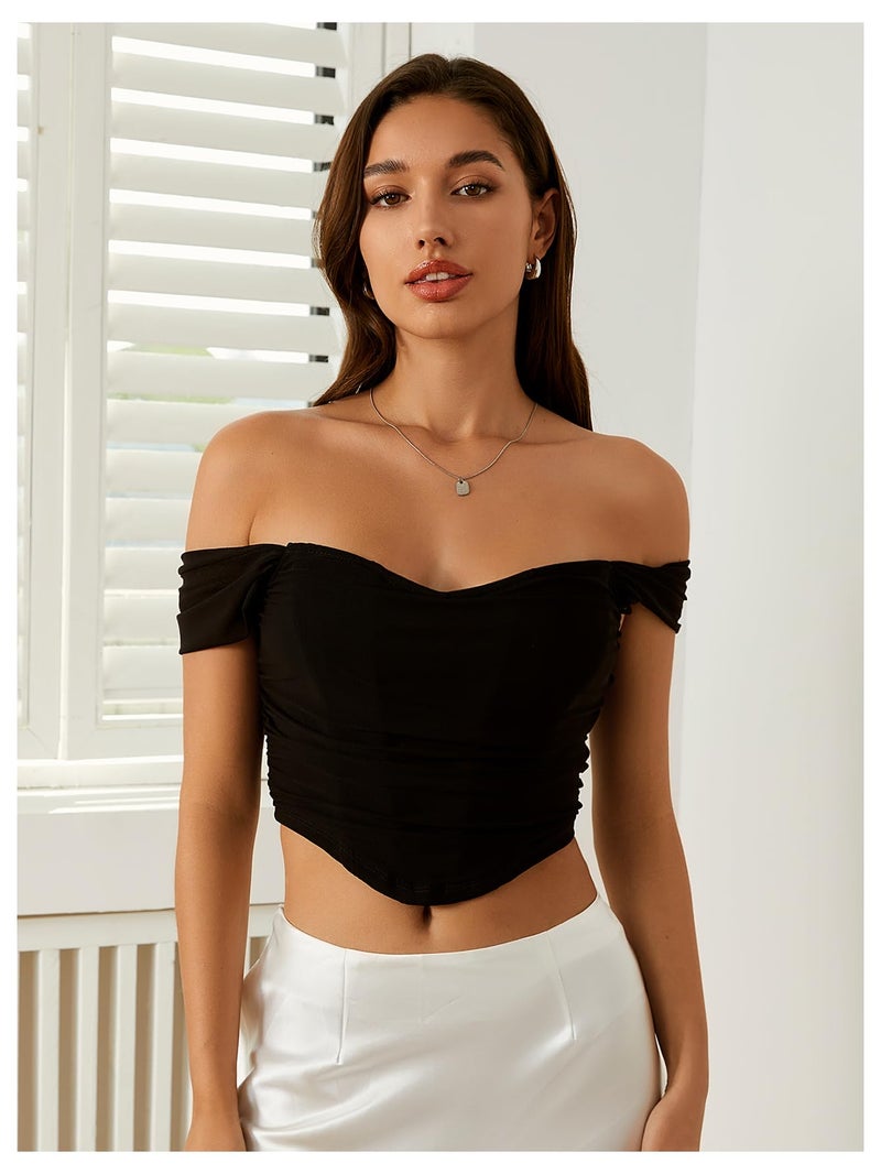 Floerns Women's Off Shoulder Short Sleeve Asymmetrical Hem Ruched Corset Crop Top Black Medium - Image 4