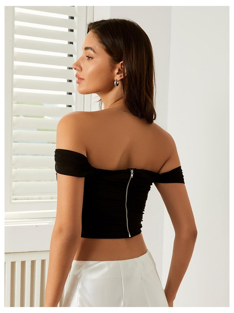 Floerns Women's Off Shoulder Short Sleeve Asymmetrical Hem Ruched Corset Crop Top Black Medium - Image 3