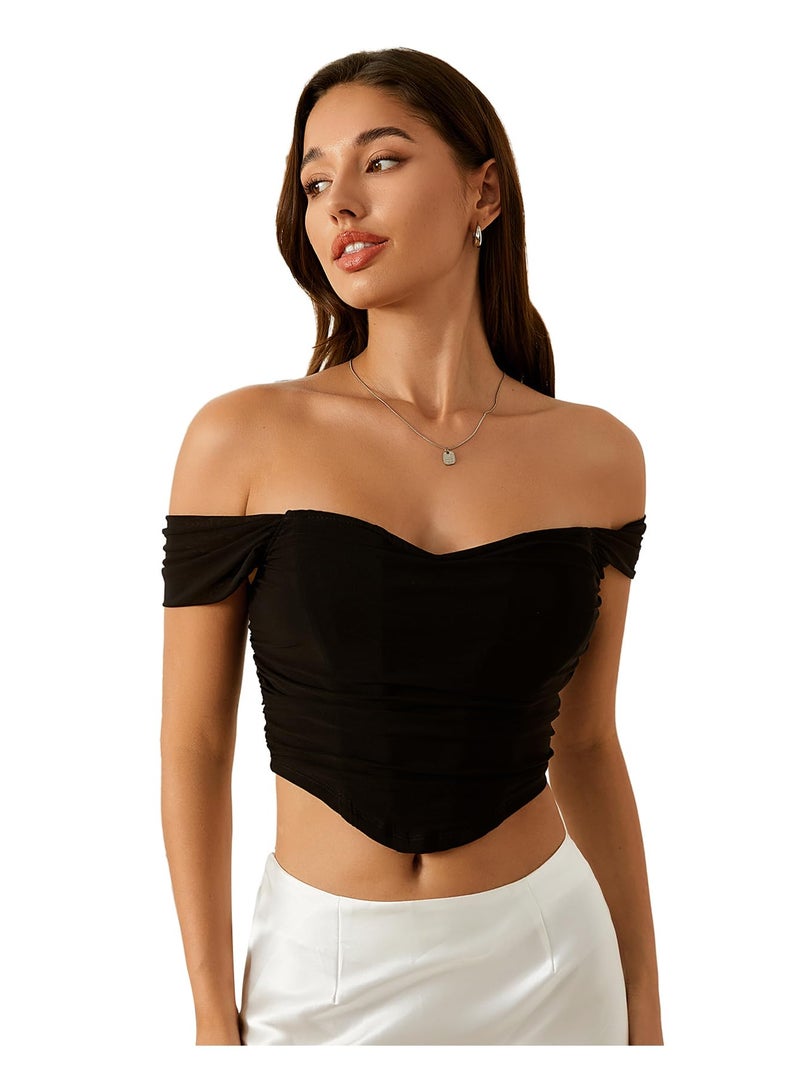 Floerns Women's Off Shoulder Short Sleeve Asymmetrical Hem Ruched Corset Crop Top Black Medium - Image 1