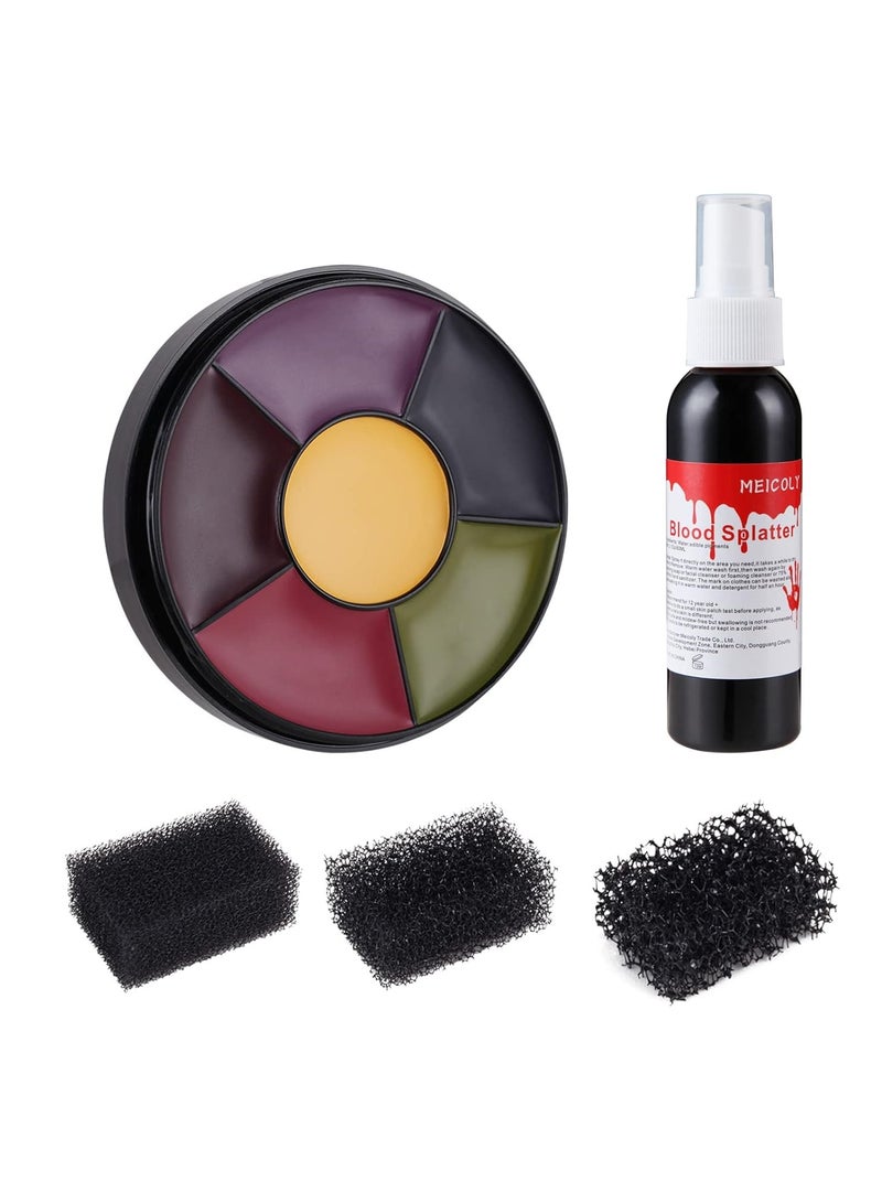 MEICOLY MEICOLY 6 Color Bruise Wheel for Special Effects, 2.1oz Fake Blood Spray Blood Splatter Theatrical Halloween Liquid Blood for Clothes Face Body Paint with 3pcs Stipple Sponges - Image 1