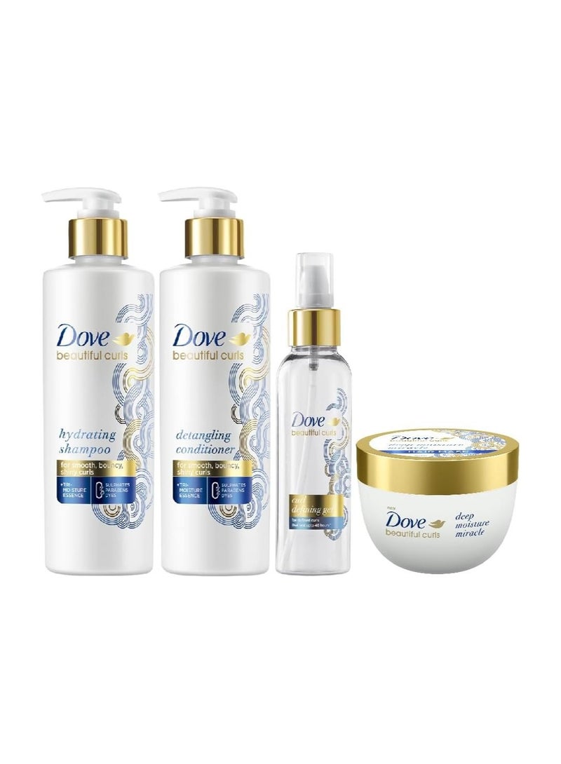دوف شامبو دوف بيوتيفول كيرلز الخالي من الكبريتات 380 مل، بلسم لفك التشابك 380 مل، قناع الشعر المعجزة لترطيب عميق 300 مل، جل تحديد تجعيدات الشعر 100 مل، تحديد شكل تجعيدات الشعر لمدة تصل إلى 48 ساعة، (عبوة مشتركة)