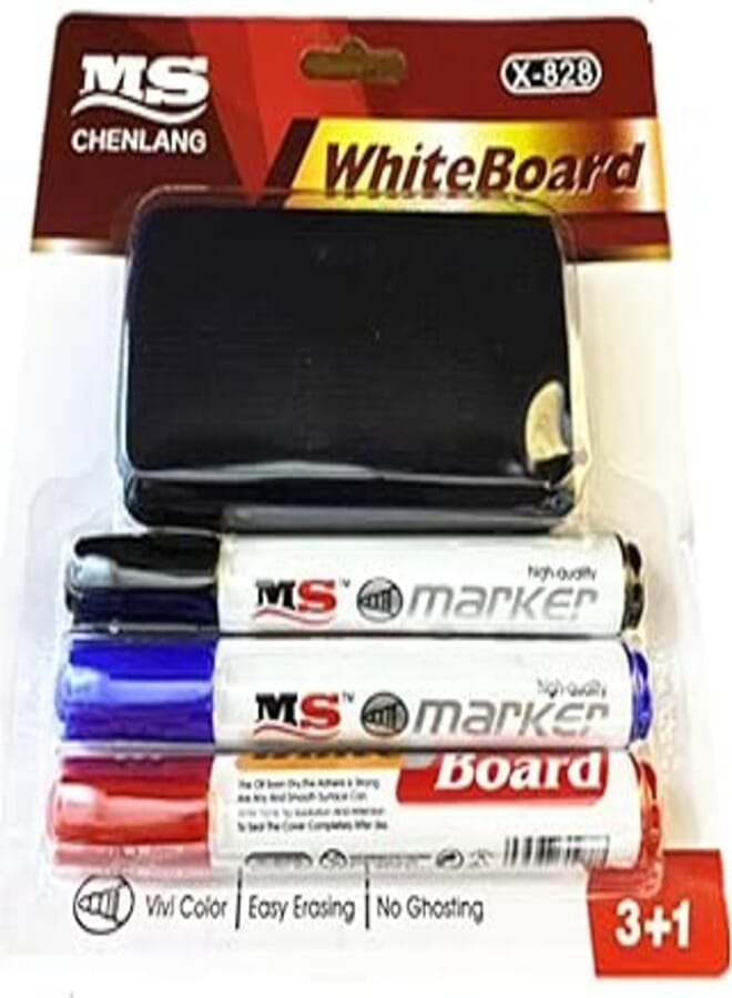 MS Whiteboard Set of a Duster and 3 Markers ( Blue / Black / Red ) Value Pack