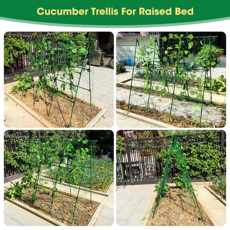 MQHUAYU 51" x 53" Cucumber Trellis for Raised Bed, A-Frame Garden Trellis for Climbing Plants Outdoor, Rust-Proof Metal Support for Tomato, Peas, Beans, Zucchini & Vines, with Netting & Clips - Image 2