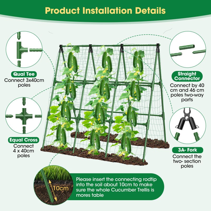 MQHUAYU 51" x 53" Cucumber Trellis for Raised Bed, A-Frame Garden Trellis for Climbing Plants Outdoor, Rust-Proof Metal Support for Tomato, Peas, Beans, Zucchini & Vines, with Netting & Clips - Image 3