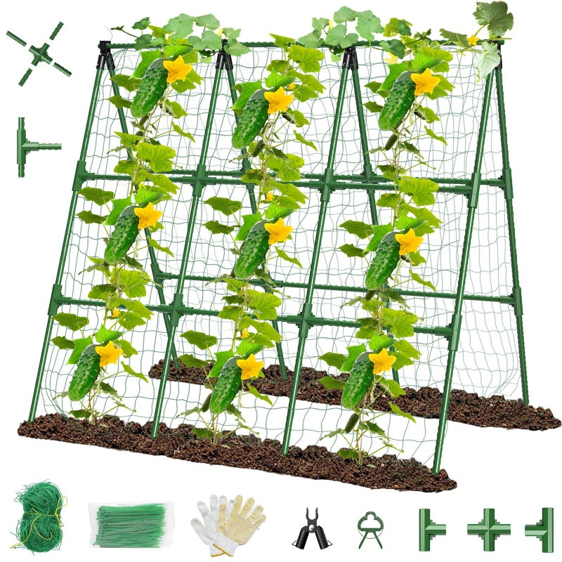 MQHUAYU 51" x 53" Cucumber Trellis for Raised Bed, A-Frame Garden Trellis for Climbing Plants Outdoor, Rust-Proof Metal Support for Tomato, Peas, Beans, Zucchini & Vines, with Netting & Clips - Image 1