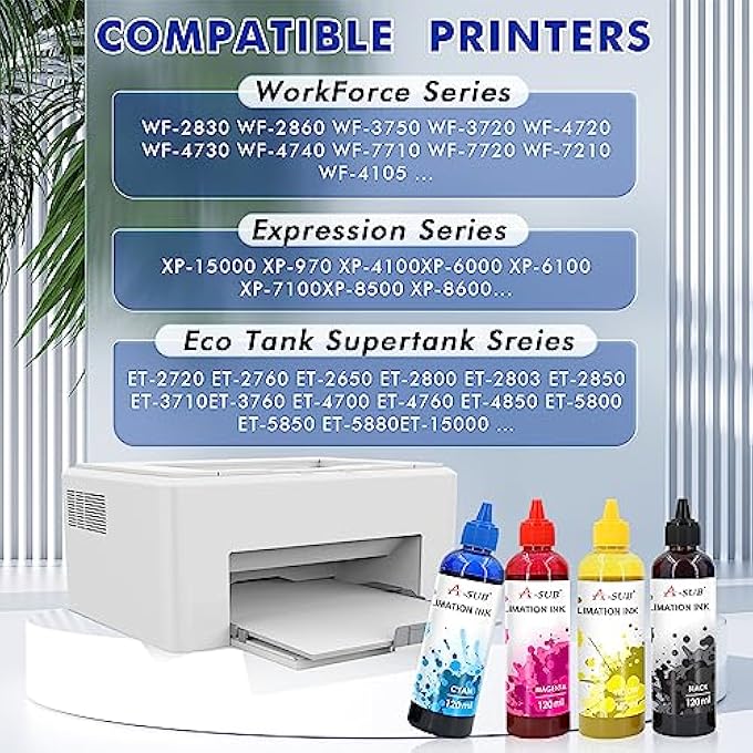 480ML SUBLIMATION INK REFILL FOR EPSON ET1800 ET2700 ET2800 ET3700 ET3800 ET4700 ET4800 ET5800 ET14000 ET16000 WF3800 WF4800 XP3200 XP4200 SERIES INKJET PRINTERS FOR HEAT TRANSFER - Image 2