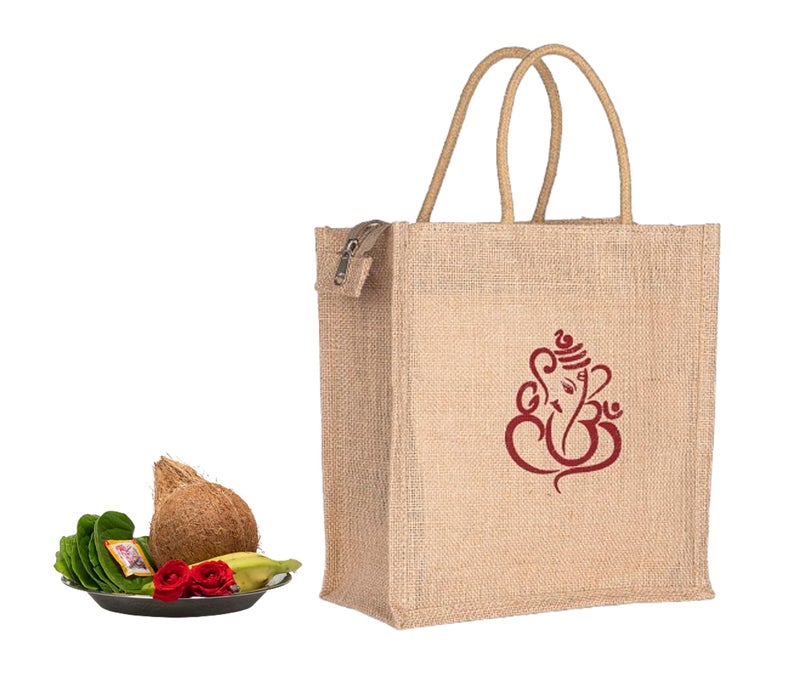 Soman Jute Ecofriendly Return Gift Bags Ganesha printed with Zip Natural Pack of 10 Bags - Image 4