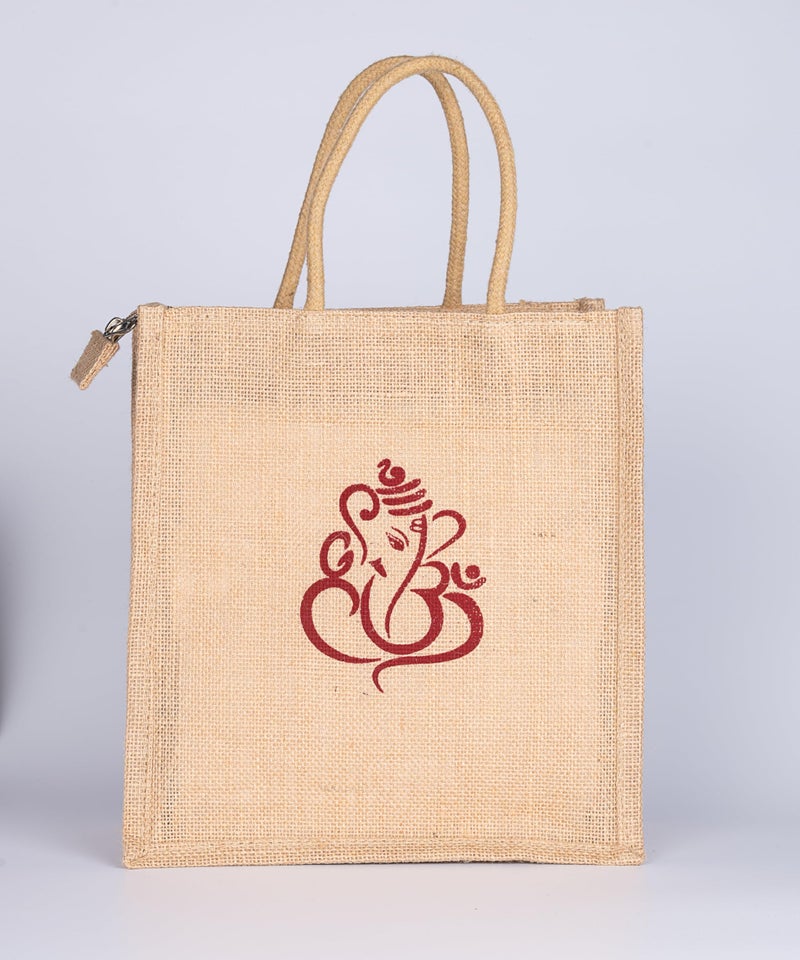 Soman Jute Ecofriendly Return Gift Bags Ganesha printed with Zip Natural Pack of 10 Bags - Image 3