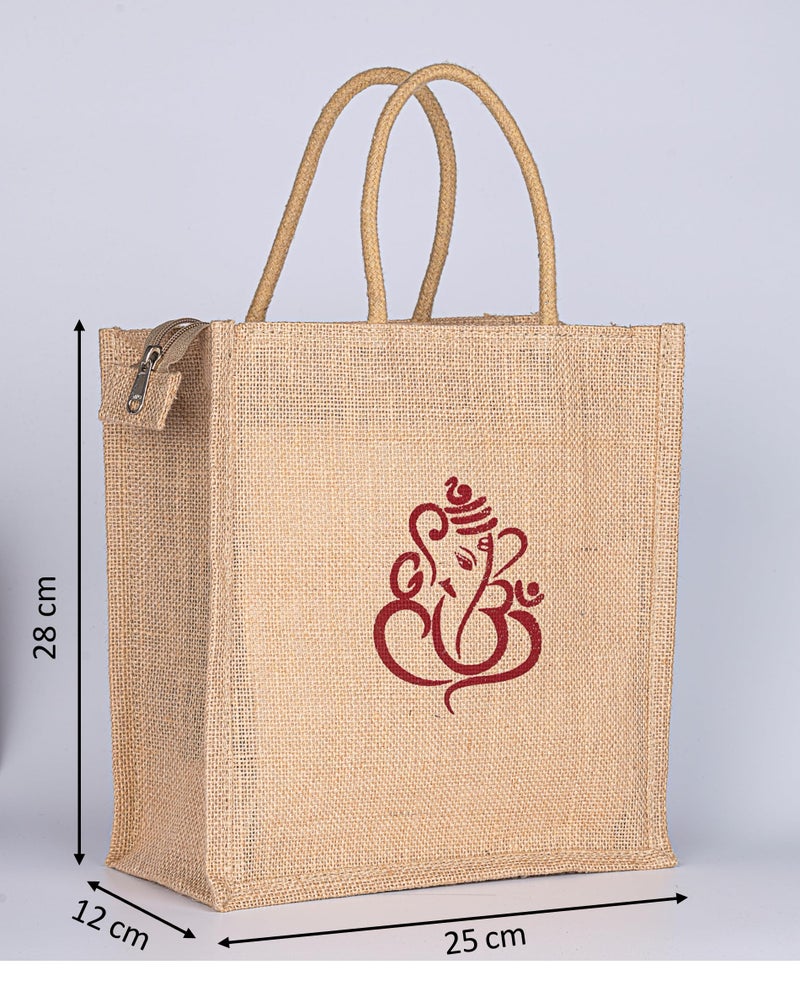 Soman Jute Ecofriendly Return Gift Bags Ganesha printed with Zip Natural Pack of 10 Bags - Image 2