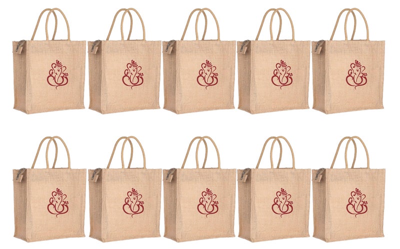 Soman Jute Ecofriendly Return Gift Bags Ganesha printed with Zip Natural Pack of 10 Bags - Image 1