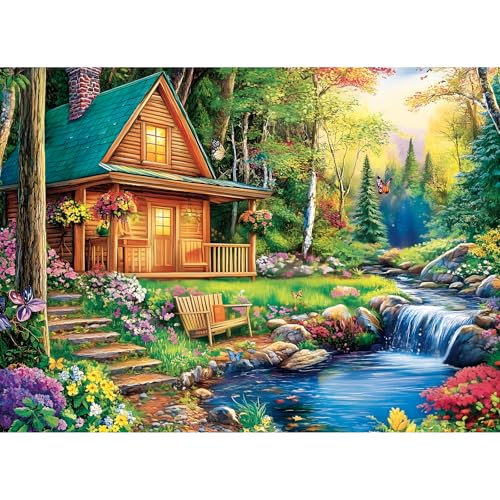 VOLUVOLU 500 Pieces Jigsaw Puzzles for Adults Forest Cabin Puzzle for Adults Seniors River Flowers Puzzle 500 Pieces Gift for Birthday Home Decor Fun for Family Entertainment205 15 in - Image 1