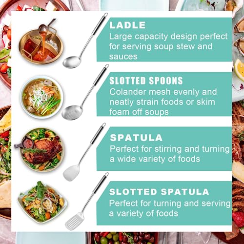 Pleafind 4-Pcs Cooking Utensils Set, Stainless Steel Kitchen Utensils, Wok Utensils Set Include Wok Ladle, Slotted Spoon, Wok Spatula and Slotted Spatula, Dishwasher Safe - Image 3