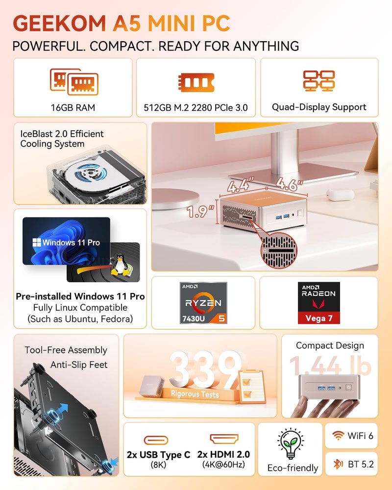 GEEKOM A5 Mini PC with AMD Ryzen 5 7430U, 3-Year Coverage, 16GB RAM(Upgradable, Not LPDDR)&512GB M.2 NVMe SSD, Windows 11 Pro Desktop Computer Support 8K/Wi-Fi 6/BT 5.2/USB 3.2/SD Slot/6x USB - Image 2