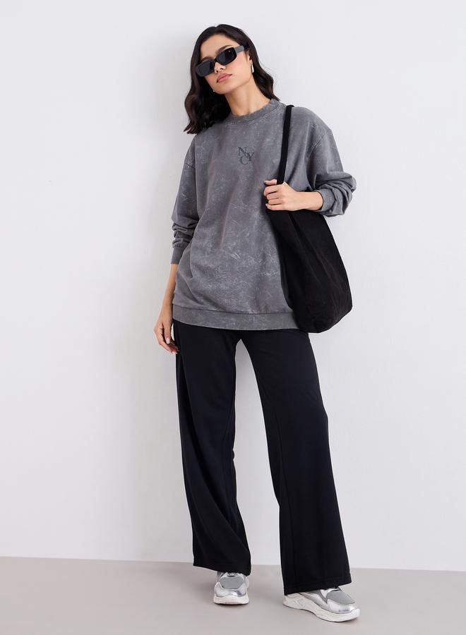 Styli Charcoal Slogan Print Longline Sweatshirt - Image 1