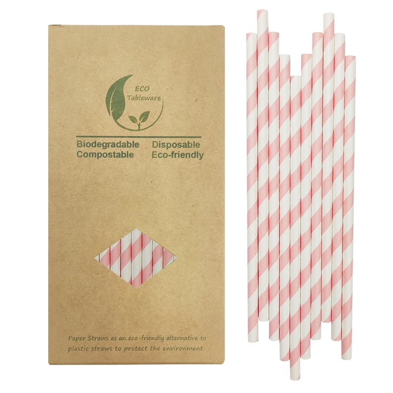 DingZan Biodegradable Pink Striped Paper Straws  100 Pack Cute Pink and White Drinking Straws for Cake Pop Sticks  Princess Party Wedding Decoration - Image 1