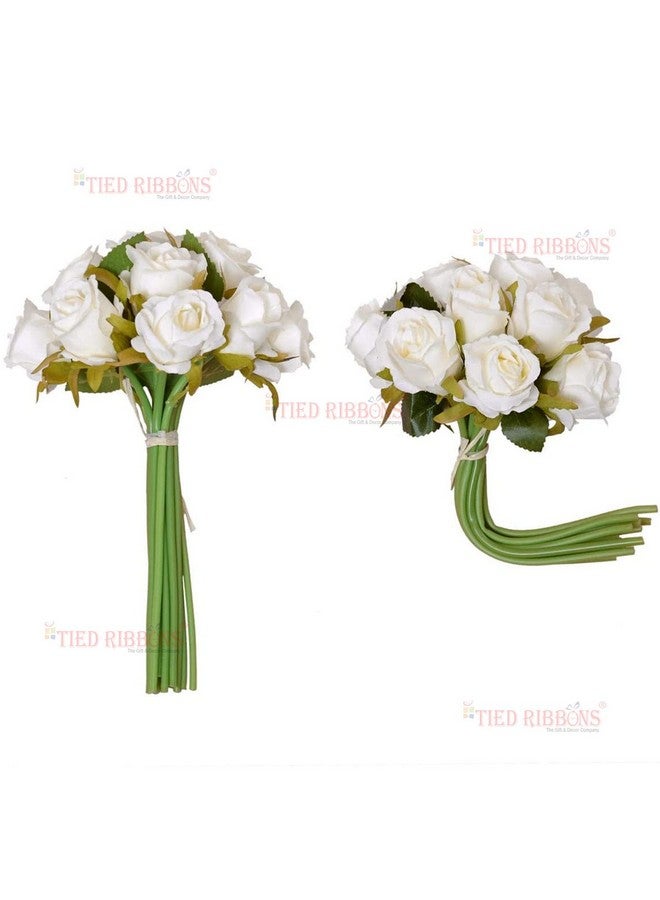 TIED RIBBONS Set Of 12 Artificial Rose Flowers Bunches For Vase (24 Cm, White) Home Decoration Gift Items For Living Room Corner Table Top Bedroom Wedding (Pot Not Included) Polyester  - Image 3